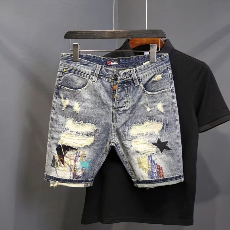 Jeans Pants Fashion Men - Summer Men's Fashion Scraped Patch Beggar