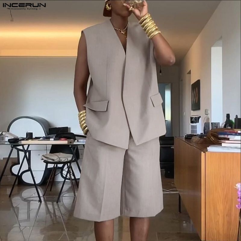 INCERUN Men Sets Solid Color V - Mens Fashion Suits 评论和价格