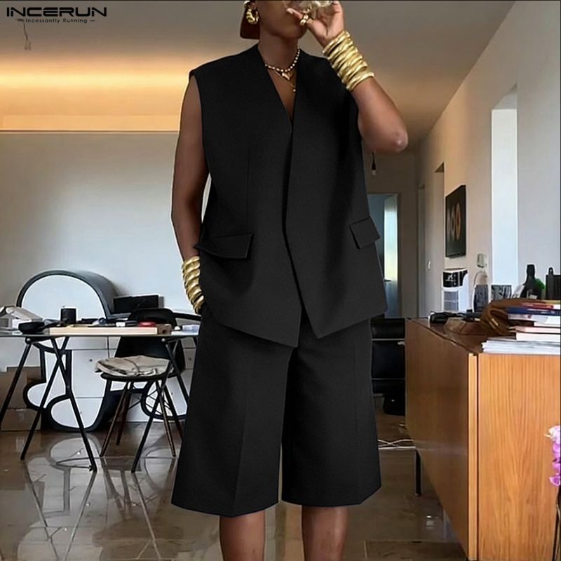 INCERUN Men Sets Solid Color V - Mens Fashion Suits 评论和价格